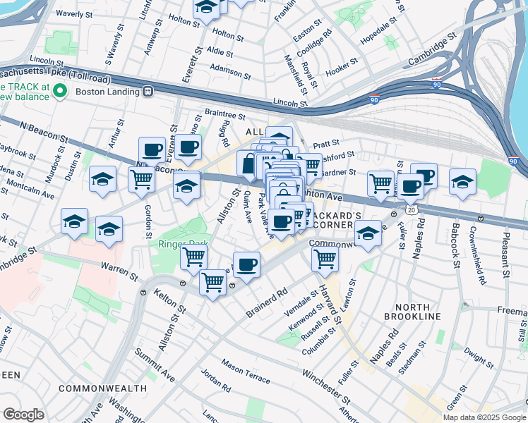 map of restaurants, bars, coffee shops, grocery stores, and more near 47 Park Vale Avenue in Boston