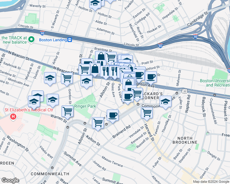 map of restaurants, bars, coffee shops, grocery stores, and more near 21 Quint Avenue in Boston