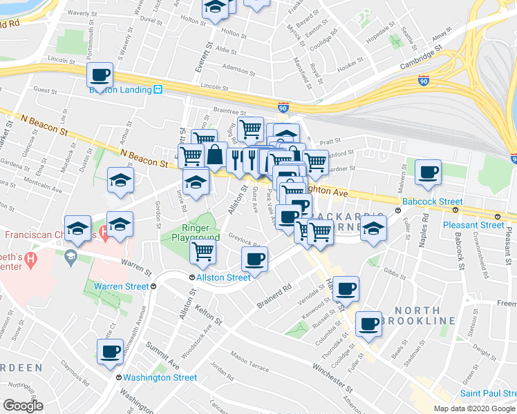 map of restaurants, bars, coffee shops, grocery stores, and more near 21 Quint Avenue in Boston