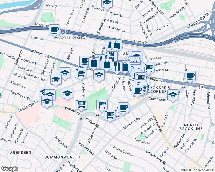 map of restaurants, bars, coffee shops, grocery stores, and more near 21-23 Higgins Street in Boston