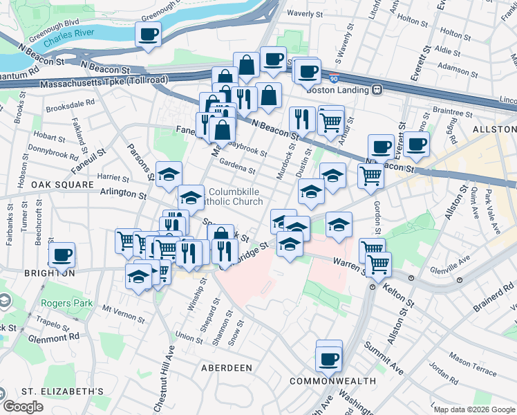 map of restaurants, bars, coffee shops, grocery stores, and more near 96 Etna Street in Boston