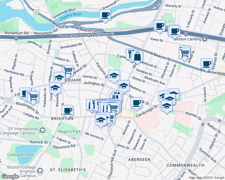 map of restaurants, bars, coffee shops, grocery stores, and more near 73 Parsons Street in Boston