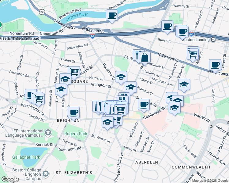 map of restaurants, bars, coffee shops, grocery stores, and more near 73 Parsons Street in Boston