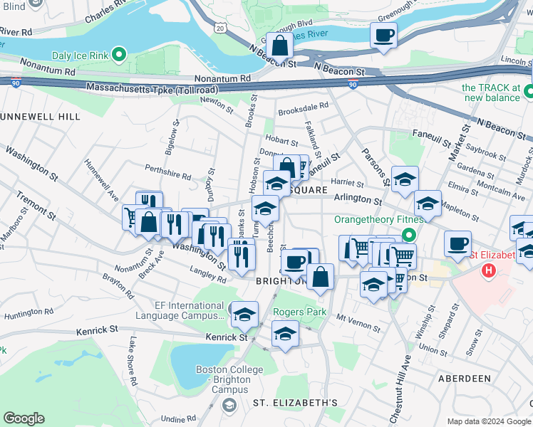 map of restaurants, bars, coffee shops, grocery stores, and more near 278 Faneuil Street in Boston