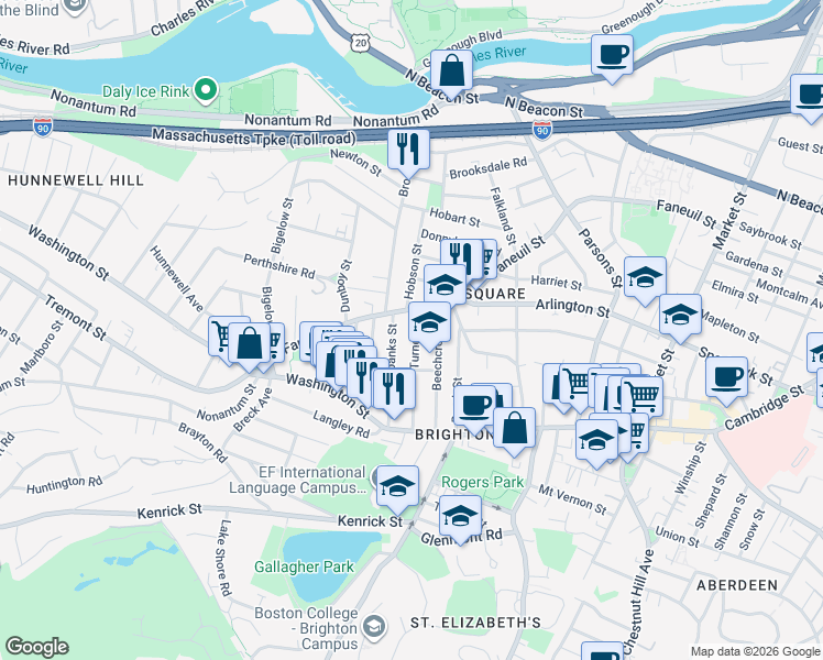 map of restaurants, bars, coffee shops, grocery stores, and more near 278 Faneuil Street in Boston