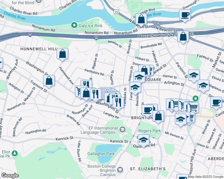 map of restaurants, bars, coffee shops, grocery stores, and more near 335 Faneuil Street in Boston