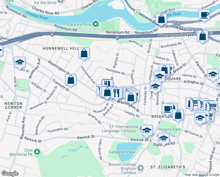 map of restaurants, bars, coffee shops, grocery stores, and more near 25 Bigelow Street in Boston