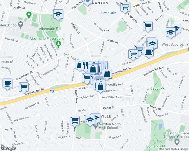 map of restaurants, bars, coffee shops, grocery stores, and more near 227 Walnut Street in Newton