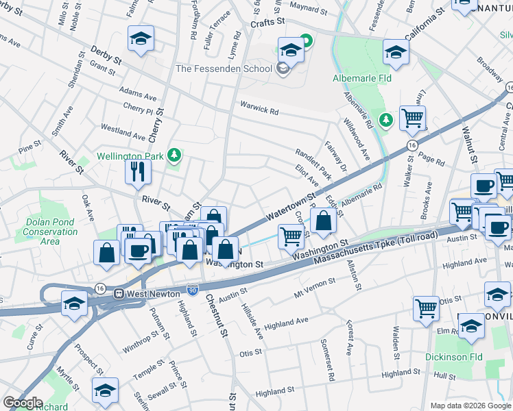 map of restaurants, bars, coffee shops, grocery stores, and more near 38 Adella Avenue in Newton