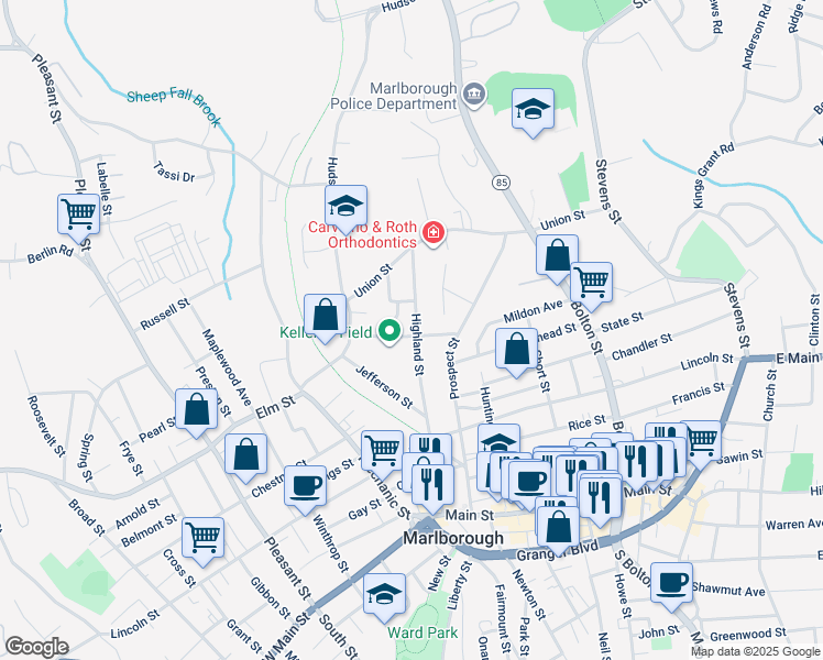 map of restaurants, bars, coffee shops, grocery stores, and more near 67 Tayntor Street in Marlborough