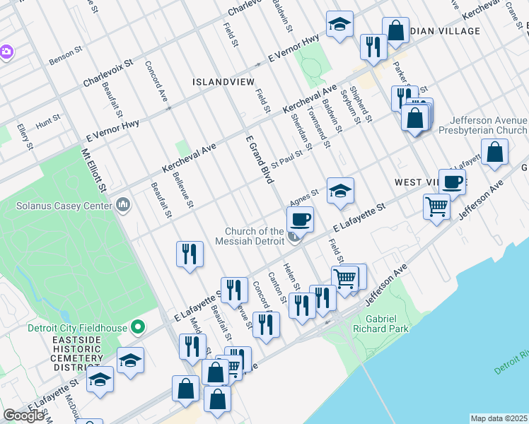 map of restaurants, bars, coffee shops, grocery stores, and more near 1465 Helen Street in Detroit