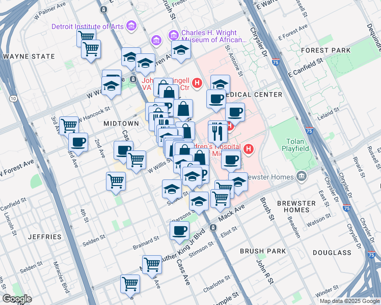 map of restaurants, bars, coffee shops, grocery stores, and more near 83 East Willis Street in Detroit