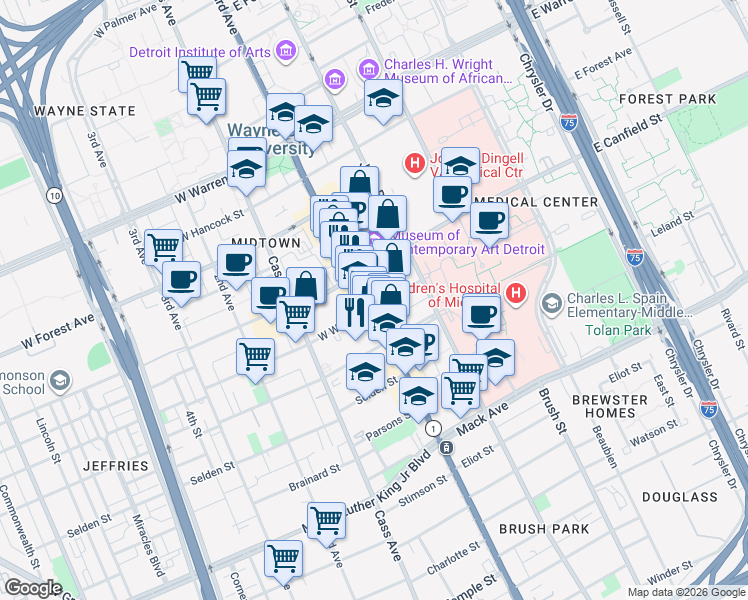 map of restaurants, bars, coffee shops, grocery stores, and more near 4250 Woodward Avenue in Detroit