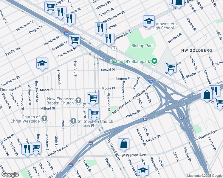 map of restaurants, bars, coffee shops, grocery stores, and more near 6525 Vinewood Street in Detroit