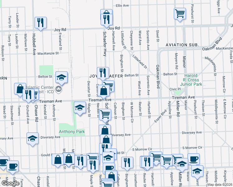 map of restaurants, bars, coffee shops, grocery stores, and more near 8077 Hartwell Street in Detroit
