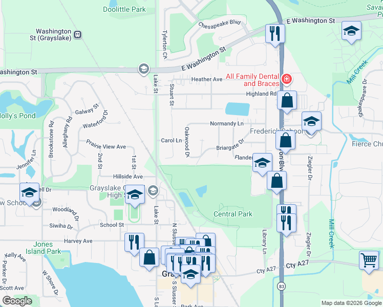 map of restaurants, bars, coffee shops, grocery stores, and more near 543 Oakwood Drive in Grayslake