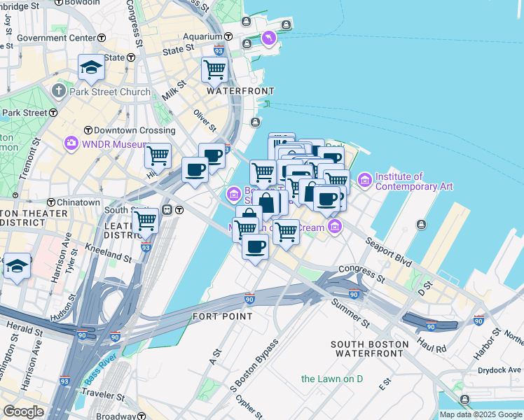 map of restaurants, bars, coffee shops, grocery stores, and more near 28-36 Sleeper Street in Boston