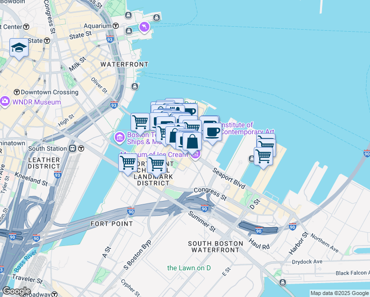 map of restaurants, bars, coffee shops, grocery stores, and more near Seaport Boulevard in Boston