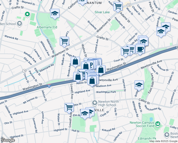 map of restaurants, bars, coffee shops, grocery stores, and more near 245 Walnut Street in Newton