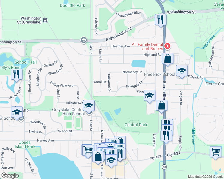 map of restaurants, bars, coffee shops, grocery stores, and more near 543 Oakwood Drive in Grayslake