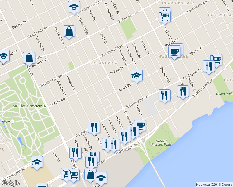 map of restaurants, bars, coffee shops, grocery stores, and more near 286 East Grand Boulevard in Detroit