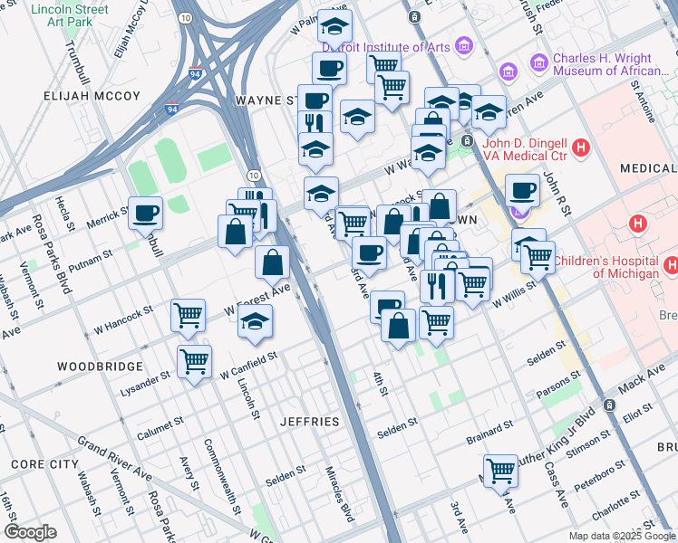 map of restaurants, bars, coffee shops, grocery stores, and more near 4626 3rd Avenue in Detroit