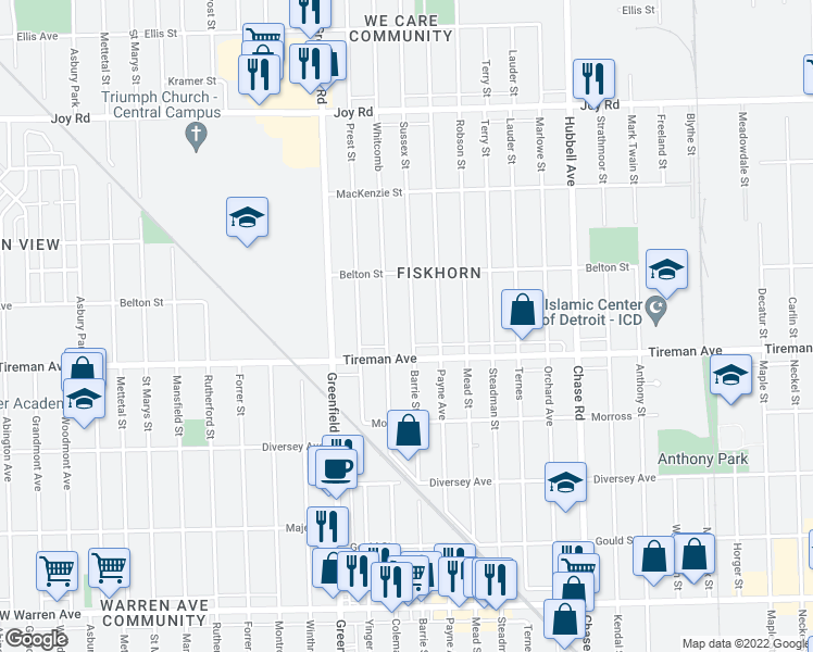 map of restaurants, bars, coffee shops, grocery stores, and more near 8061 Sussex Street in Detroit