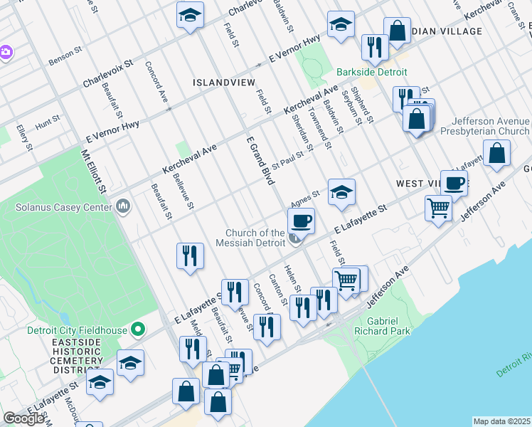 map of restaurants, bars, coffee shops, grocery stores, and more near 1465 Helen Street in Detroit