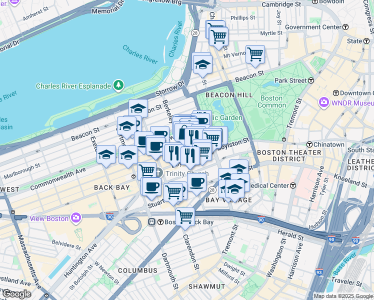 map of restaurants, bars, coffee shops, grocery stores, and more near 38 Newbury Street in Boston