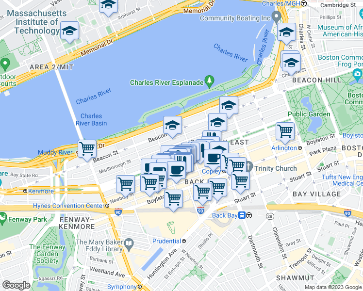 map of restaurants, bars, coffee shops, grocery stores, and more near 230 Marlborough Street in Boston