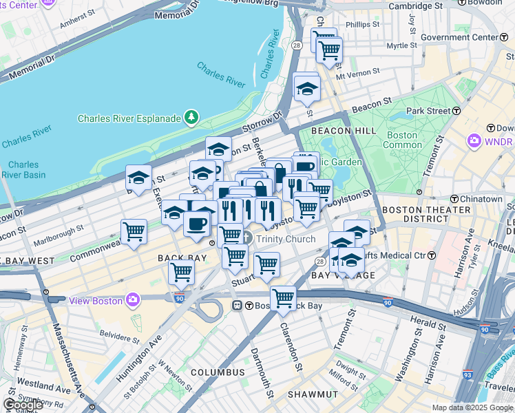 map of restaurants, bars, coffee shops, grocery stores, and more near in Boston