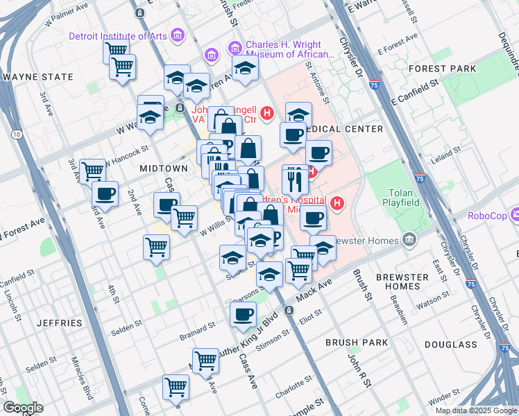 map of restaurants, bars, coffee shops, grocery stores, and more near 83 East Willis Street in Detroit