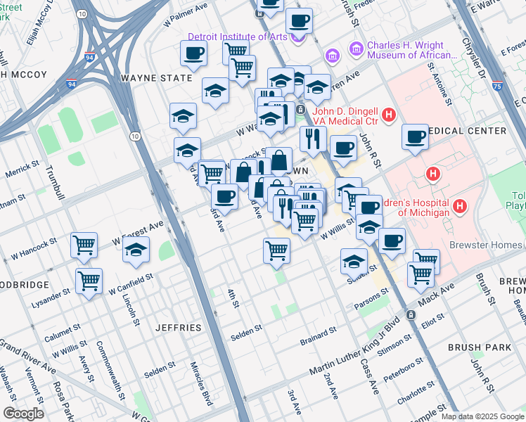 map of restaurants, bars, coffee shops, grocery stores, and more near 4444 2nd Avenue in Detroit