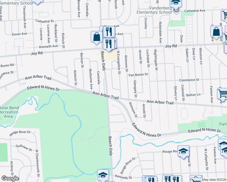 map of restaurants, bars, coffee shops, grocery stores, and more near 8339 North Evangeline Street in Dearborn Heights
