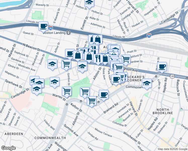 map of restaurants, bars, coffee shops, grocery stores, and more near 45 Allston Street in Allston