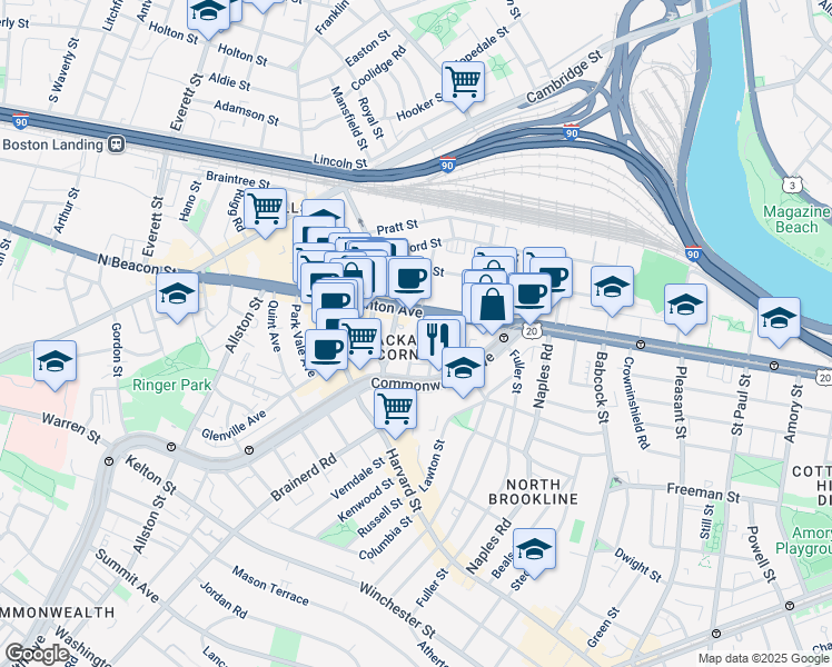 map of restaurants, bars, coffee shops, grocery stores, and more near 66 Brighton Avenue in Boston