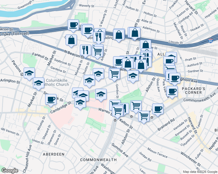 map of restaurants, bars, coffee shops, grocery stores, and more near 12 Saunders Street in Boston