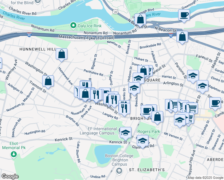 map of restaurants, bars, coffee shops, grocery stores, and more near 335 Faneuil Street in Boston