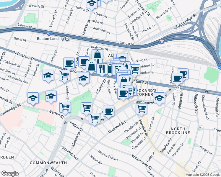 map of restaurants, bars, coffee shops, grocery stores, and more near 21 Quint Avenue in Boston