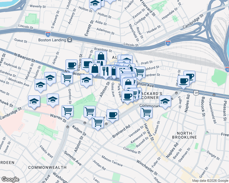 map of restaurants, bars, coffee shops, grocery stores, and more near 36 Quint Avenue in Boston