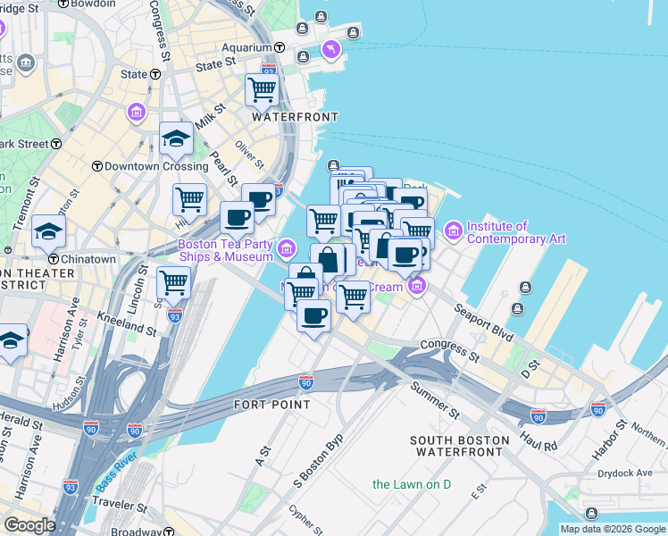 map of restaurants, bars, coffee shops, grocery stores, and more near 28-36 Sleeper Street in Boston