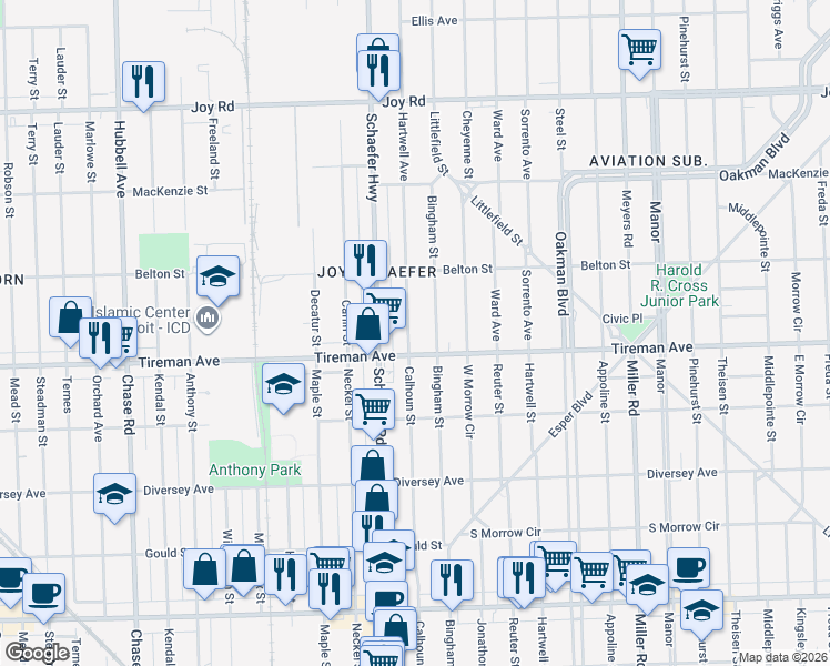 map of restaurants, bars, coffee shops, grocery stores, and more near 8077 Hartwell Street in Detroit
