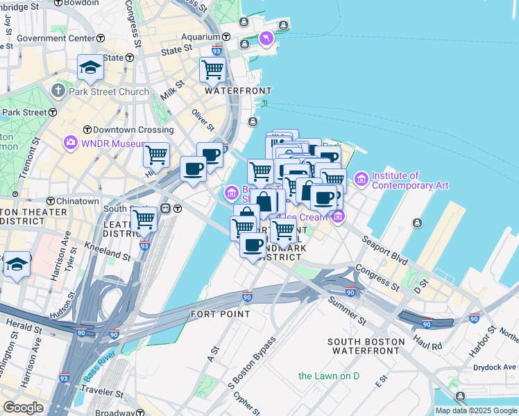 map of restaurants, bars, coffee shops, grocery stores, and more near 28-36 Sleeper Street in Boston