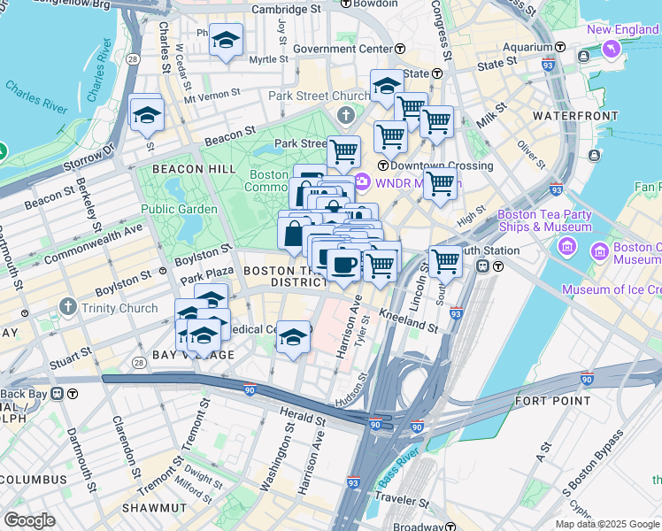 map of restaurants, bars, coffee shops, grocery stores, and more near 655 Washington Street in Boston