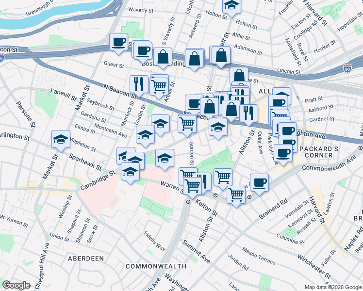 map of restaurants, bars, coffee shops, grocery stores, and more near in Boston