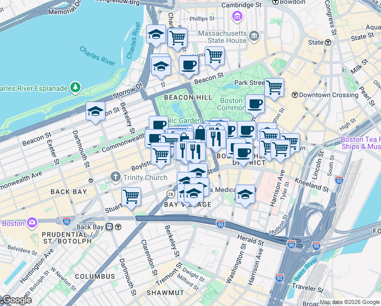 map of restaurants, bars, coffee shops, grocery stores, and more near 95 Boylston Street in Boston