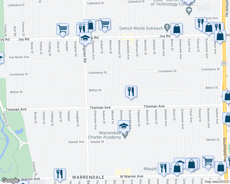 map of restaurants, bars, coffee shops, grocery stores, and more near 8104 Minock Street in Detroit