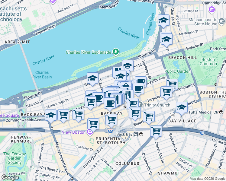 map of restaurants, bars, coffee shops, grocery stores, and more near 312 Dartmouth Street in Boston