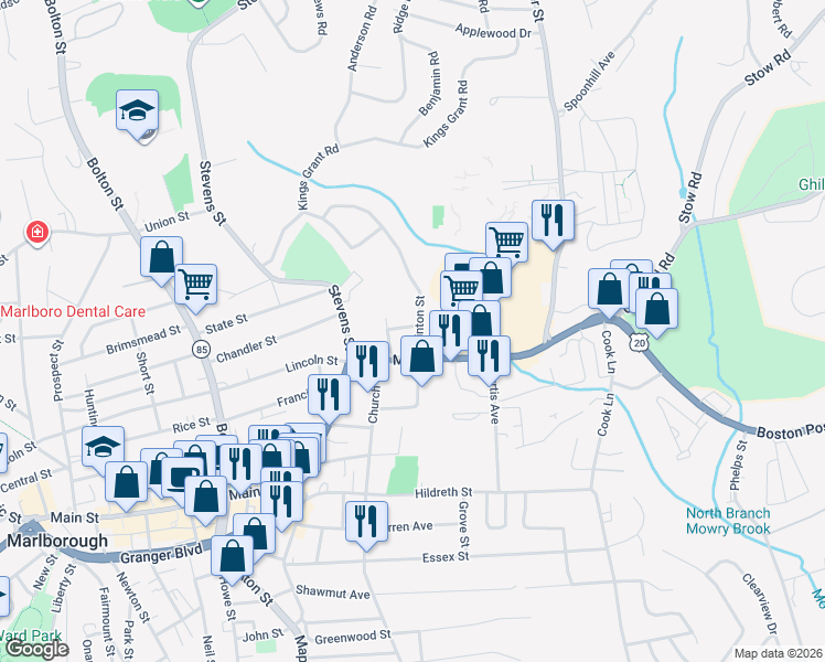 map of restaurants, bars, coffee shops, grocery stores, and more near 41 Clinton Street in Marlborough