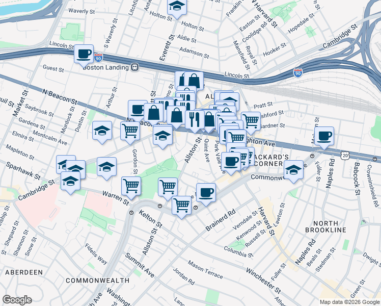 map of restaurants, bars, coffee shops, grocery stores, and more near 21-23 Higgins Street in Boston